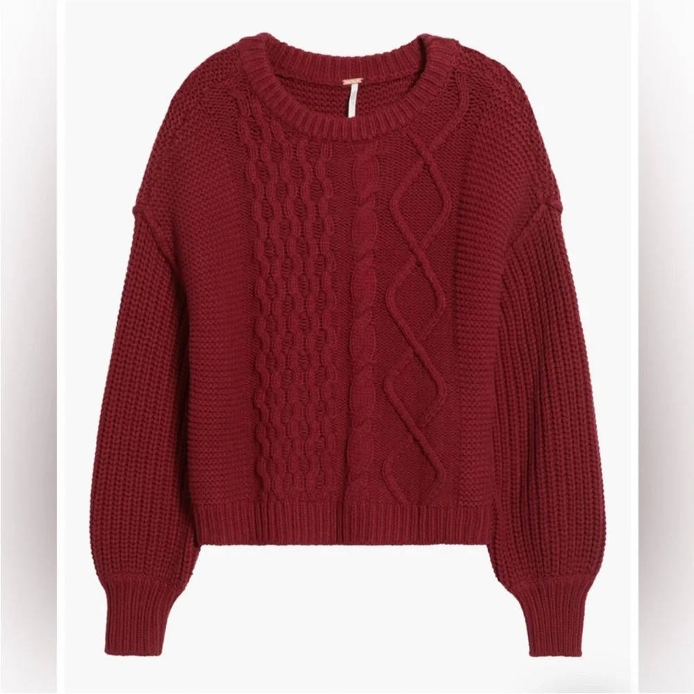 Free People Dream Cable Knit Sweater in Maroon Burgundy Cabernet
